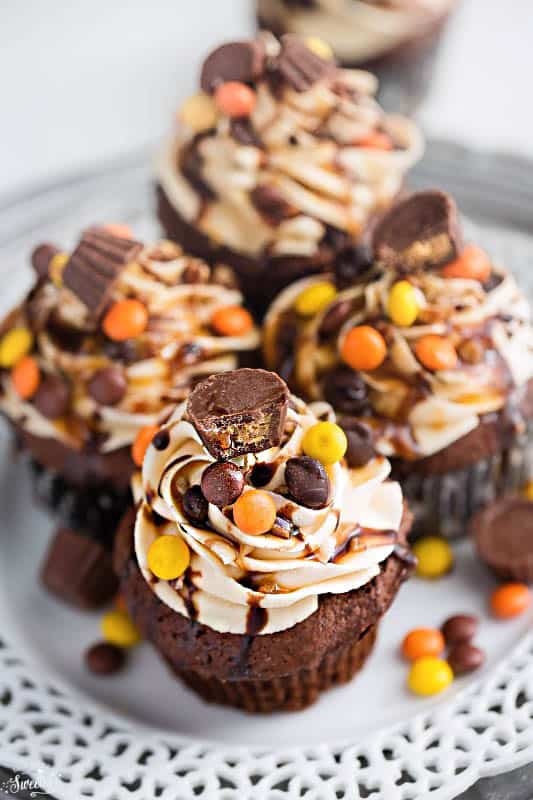 Reese's Peanut Butter Cup Chocolate Cupcakes on a plate