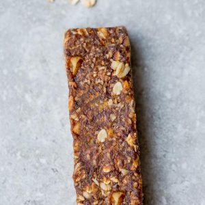 Top view of a Chocolate Protein Bar homemade granola bar on a gray background