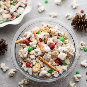 Top view of reindeer chow in a bowl on a grey background