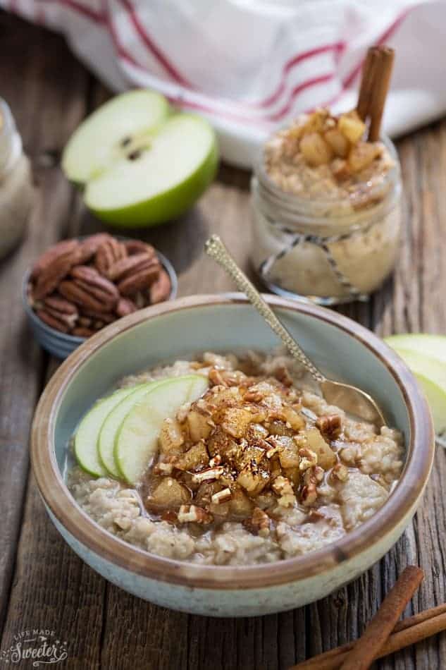 Front view of cinnamon apple oatmeal on wooden surface.