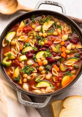 Top view of homemade easy minestrone soup in a cast iron pot