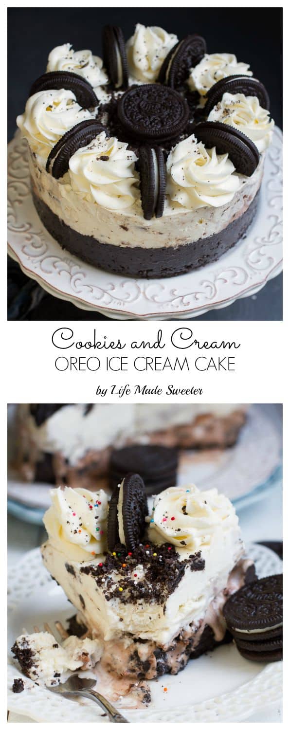 Cookies and Cream Oreo Ice Cream Cake - so easy to make with a soft Oreo cookie crust. Perfect for birthdays or any other celebration.