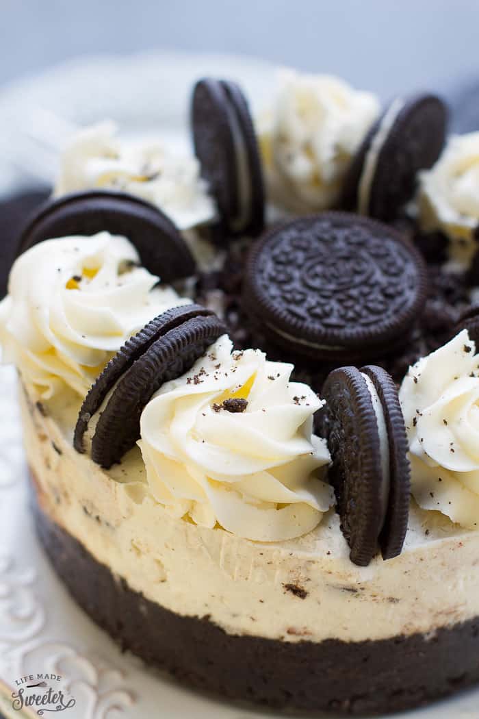 View of Oreo ice cream cake on white plate.