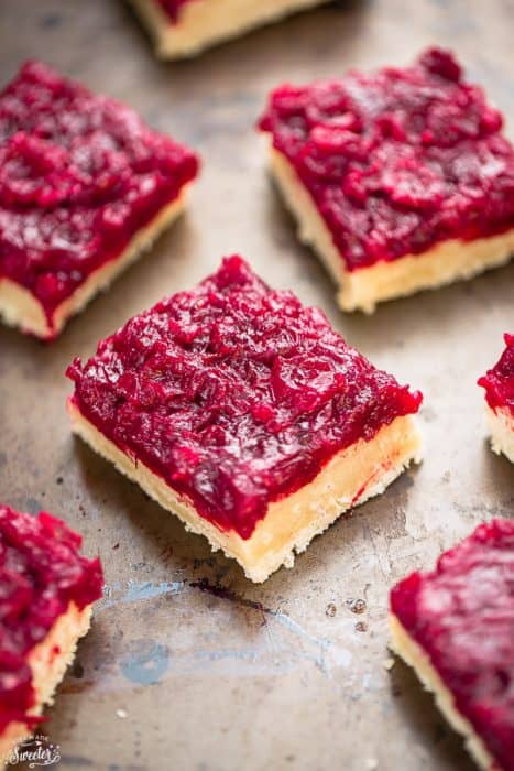 Close-up view of healthy cranberry bars on a baking sheet