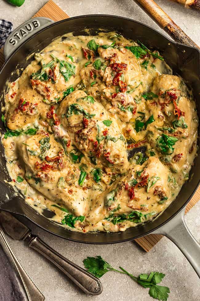 Close up of Creamy Sun-Dried Tomato Chicken in pan