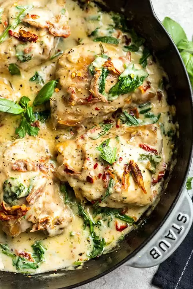 Close up of Creamy Sun-Dried Tomato Chicken in pan