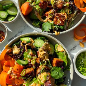 2 Bowls of salmon bites served over mixed greens, carrots, cucumber and avocado.
