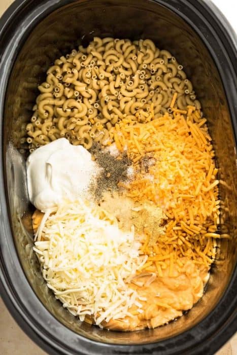 Noodles, Sour Cream, Shredded Cheddar, Shredded Mozzarella and the Rest of the Mac & Cheese Ingredients in a Slow Cooker