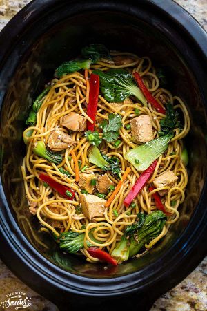 Crock pot Slow Cooker Chicken Lo Mein makes the perfect easy Asian-inspired weeknight meal! Best of all, takes only 15 minutes to put together with the most authentic flavors! So delicious and way better than any Chinese takeout!