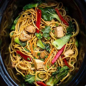 Top view of Chicken Lo Mein in a Crock Pot