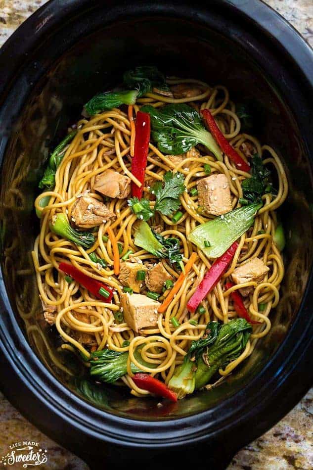 Top view of Chicken Lo Mein with vegetables in a slow cooker