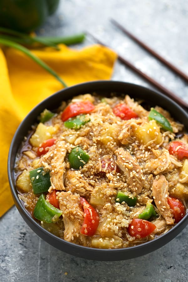 Overhead view of Teriyaki Chicken and veggies in a bowl with sesame seeds on top