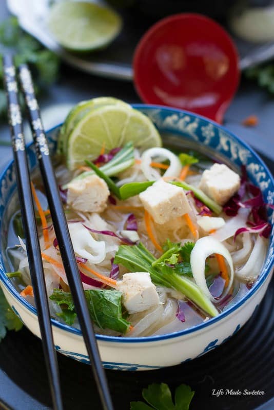 Daikon Pho is a healthy twist on Vietnamese pho using sprialzed daikon noodles with a sweet & spicy vegetable broth.