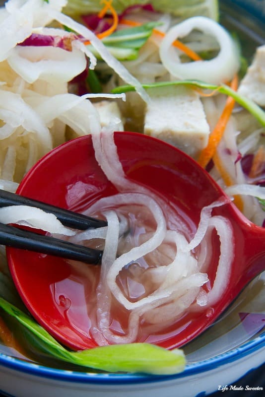 Daikon Pho is a healthy twist on Vietnamese pho using sprialzed daikon noodles with a sweet & spicy vegetable broth.
