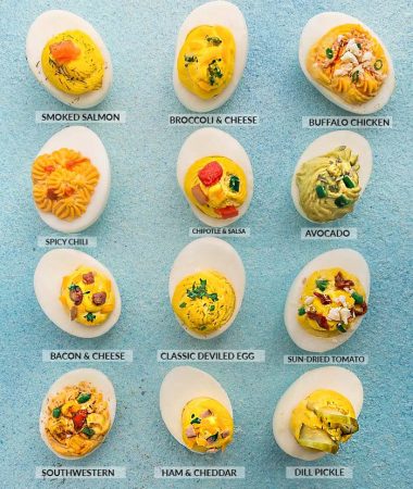 12 Deviled Eggs of Each Flavor on a Light Blue Surface, Each Labeled Accordingly