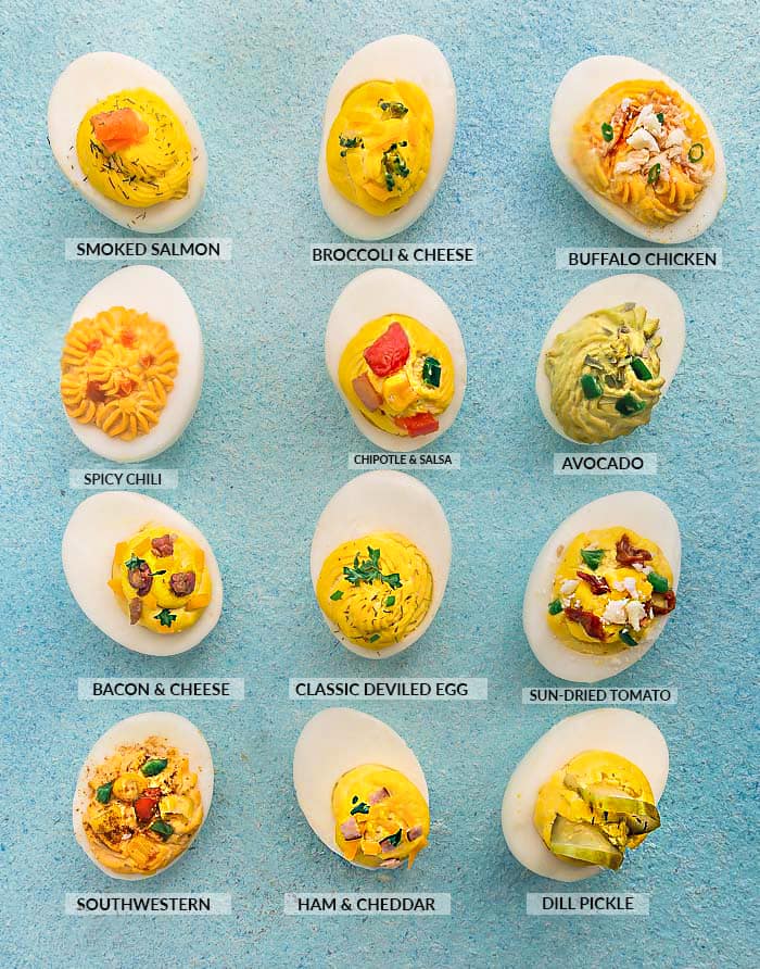 12 different varieties of Deviled Eggs with labels