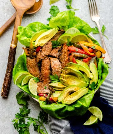 Easy Steak Fajitas are tender, juicy and full of flavor! Best of all, they come together super quick and are perfect for busy weeknights. Marinated in a homemade fajita spice blend and cilantro a delicious Tex-Mex cilantro lime marinade. Low carb and keto friendly serving options and great for meal prepping on Sunday for work or school lunchboxes or lunch bowls.