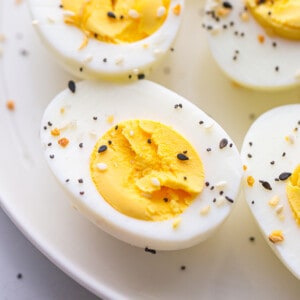 A Close-Up Shot of a Plate of Hard Boiled Eggs Flavored with Everything Bagel Seasoning