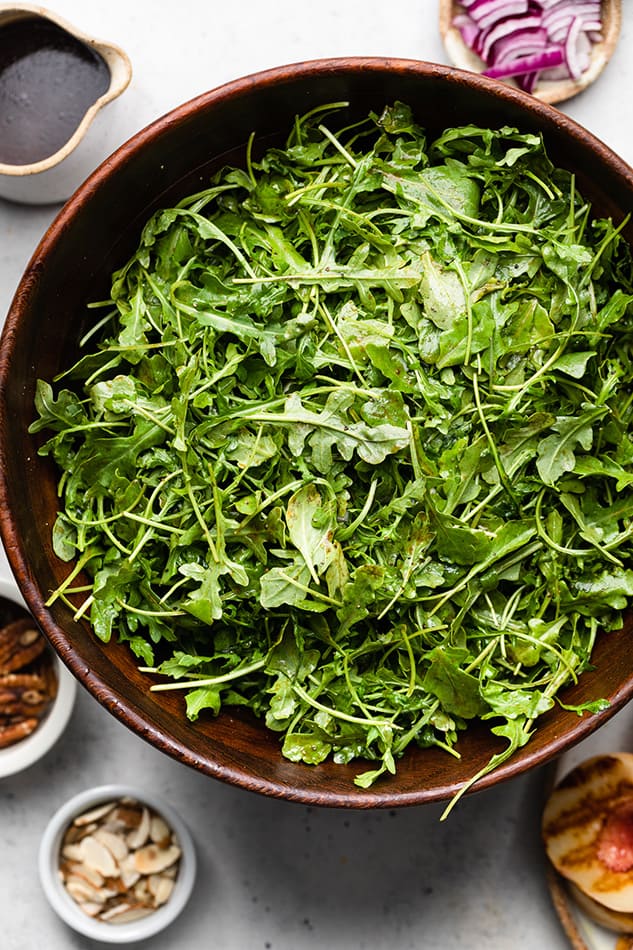 Top view of a bowl of arugula