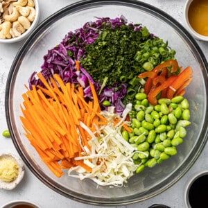 Ingredients side-by-side in a clear mixing bowl to make Asian Chopped Salad: Edamame, grated carrots, Napa cabbage, purple cabbage, herbs and red bell peppers