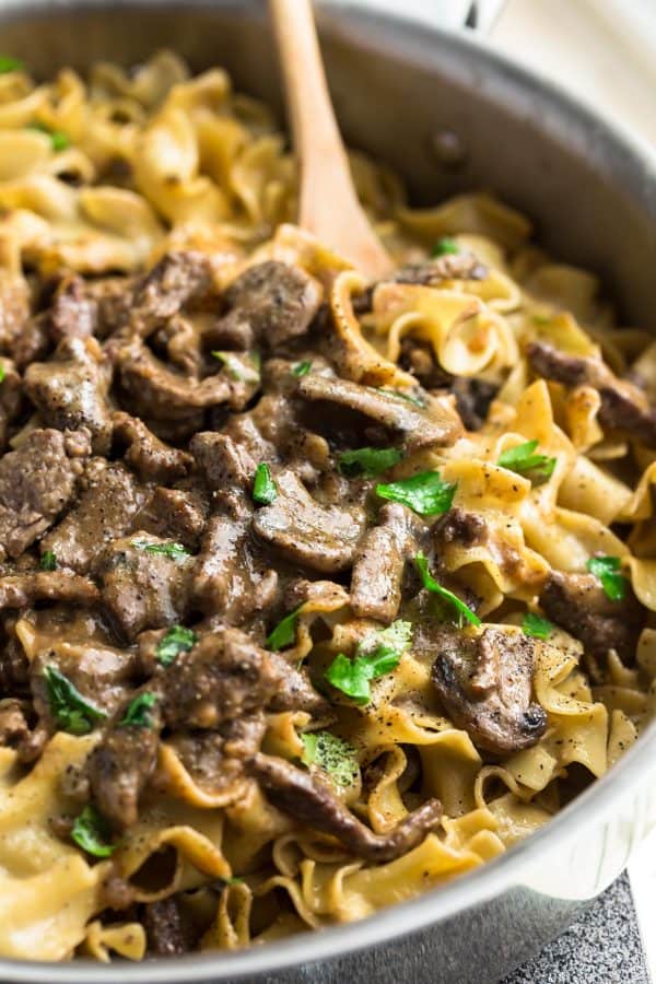 Traditional Beef Stroganoff in a large skillet with fresh mushrooms, flank steak and diced parsley