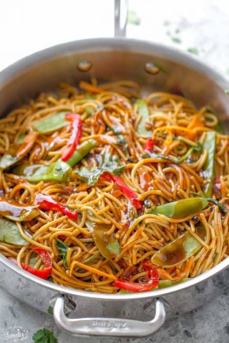 Easy Chicken Lo Mein makes the perfect easy Asian-inspired weeknight meal! Best of all, takes less than 30 minutes to make with the most authentic flavors! So delicious and way better than any Chinese takeout! Leftovers make great lunch bowls or for your weekly meal prepping for school or work lunches and even dinner!