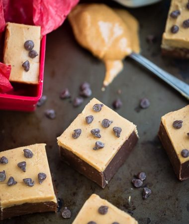 Overhead view of a few squares of chocolate peanut butter fudge topped with chocolate chips