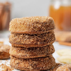Side shot of a stack of healthy cinnamon donuts
