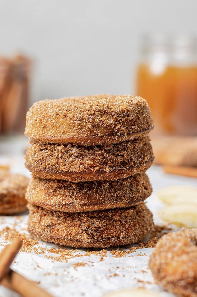 Side shot of a stack of healthy cinnamon donuts 
