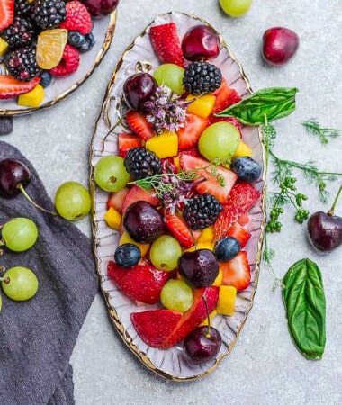 Top view of healthy fruit salad in an oval platter