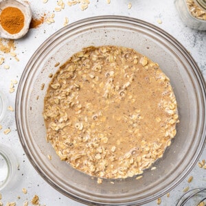 Overhead view of Gingerbread Overnight Oats mixture in a bowl