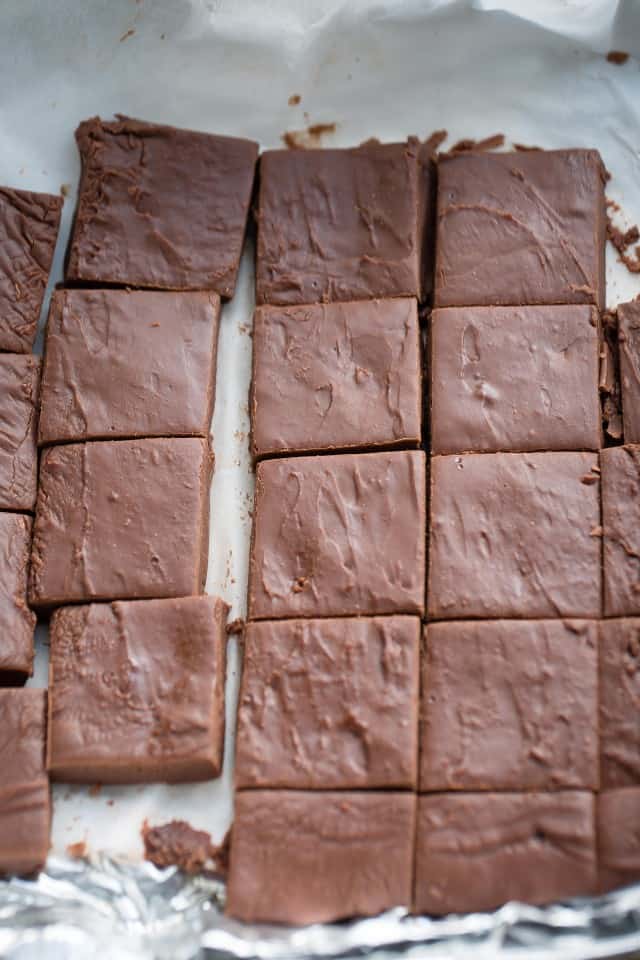 Overhead view of Easy Homemade 3 Ingredient Fudge cut into squares