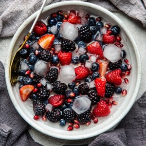 Overhead view of berries in a bowl with ice