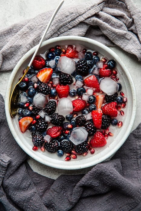 Overhead view of berries in a bowl with ice