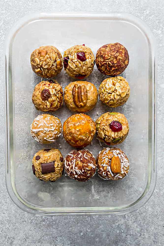 Twelve No-Bake Energy Bites in a Glass Pan on a Countertop