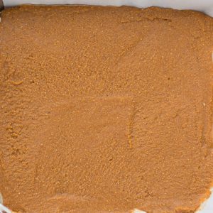 Top view of keto peanut butter layer of low carb peanut butter bars