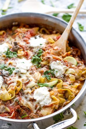 Easy Skinny Skillet Lasagna with Ribboned Zucchini Noodles comes together in just under 30 minutes