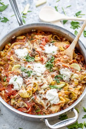 Easy Skinny Skillet Lasagna with Ribboned Zucchini Noodles comes together in just under 30 minutes