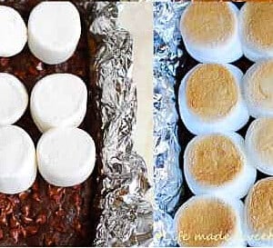 A collage of jumbo marshmallows getting toasted in a square baking pan