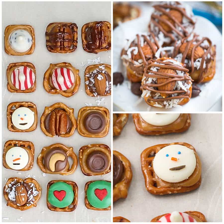 Easy Turtle Pretzel Bites - 9 ways! The perfect easy holiday gifts. Best of all, they're so easy to customize into Almond Joy, Snickers, Snowman, Turtles, Grinch, and more!