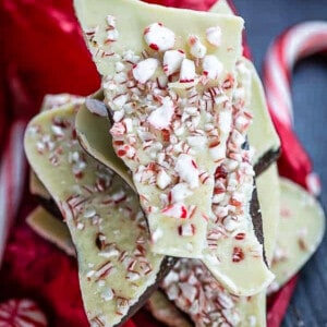Top view of stack of homemade peppermint bark on a red napkin