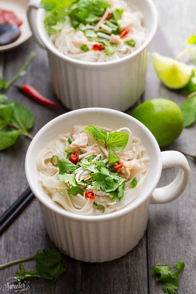Faux Chicken Pho in a two mugs topped with fresh cilantro