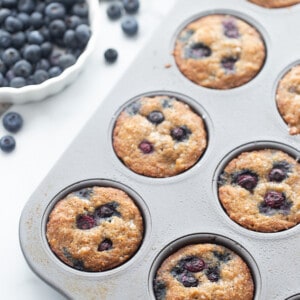 Side top view of blueberry muffins in muffin pan