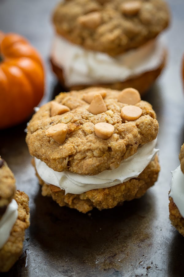 Flourless Pumpkin Oatmeal Sandwich Cookies make the perfect snack for fall