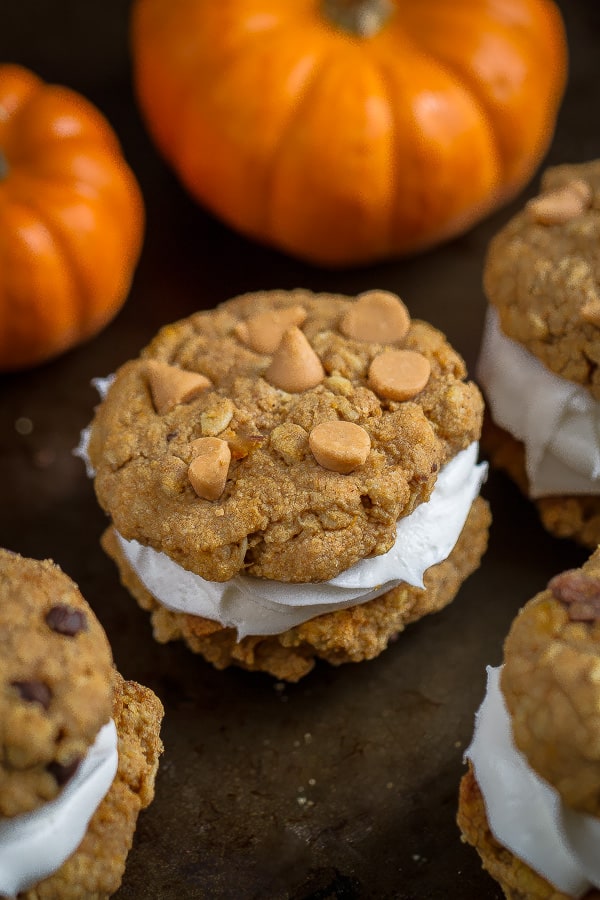 Flourless Pumpkin Oatmeal Sandwich Cookies make the perfect snack for fall