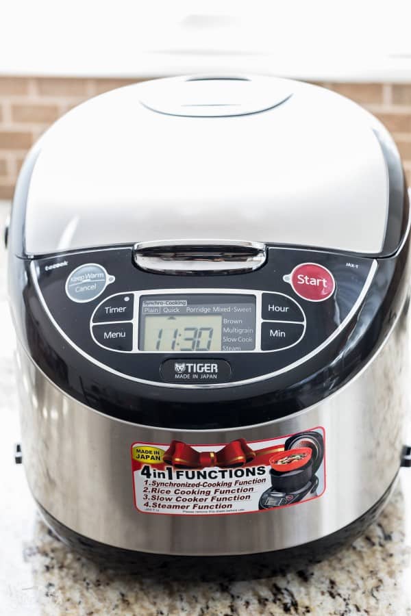 Top view of a Tiger brand rice cooker appliance