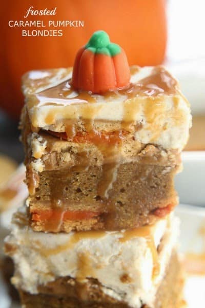 Frosted Caramel Pumpkin Oreo Blondies make a decadent fall treat