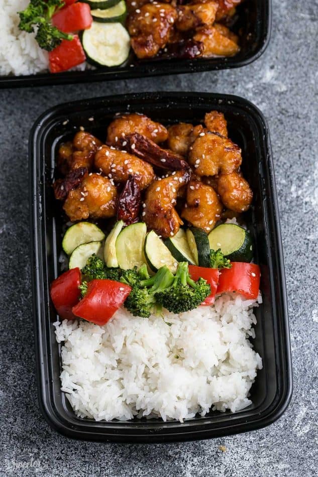 microwaveable lunch container with allergy-friendly General Tso's Chicken, rice and mixed vegetables