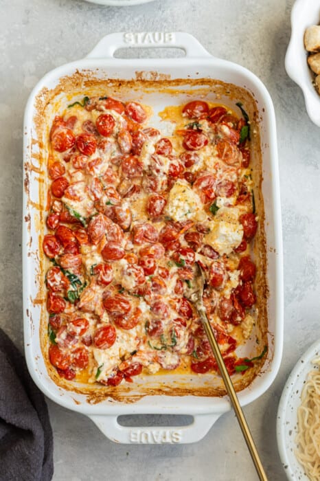 Top view of baked feta pasta in a casserole dish