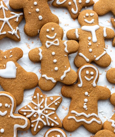 Close-up top view of decorated gluten free gingerbread men cookies
